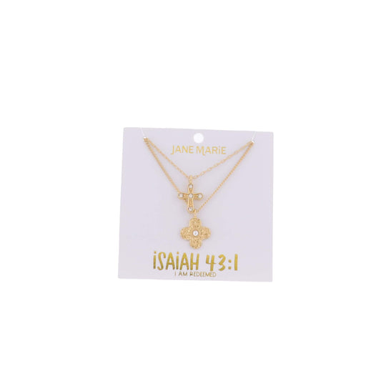 16" Gold Paperclip& Curb Chain 2 Layer, Clear Crystal Cross Charm Necklace with Pearl Center Quatrefoil