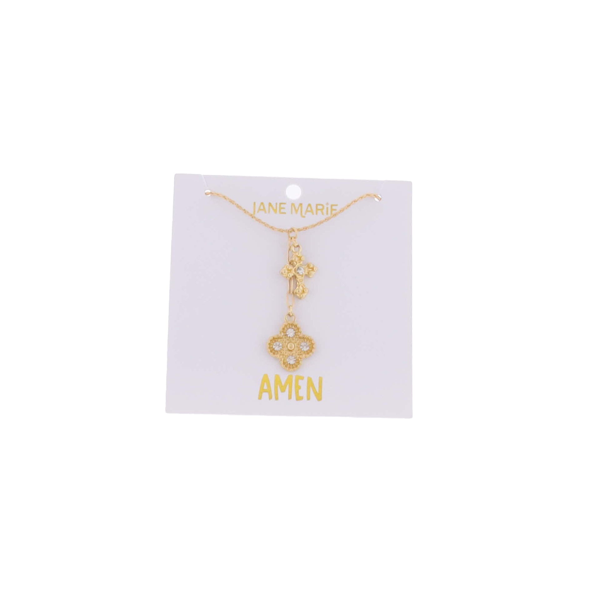 16" Gold Twist Chain Necklace with Clear Crystal Cross & Quatrefoil