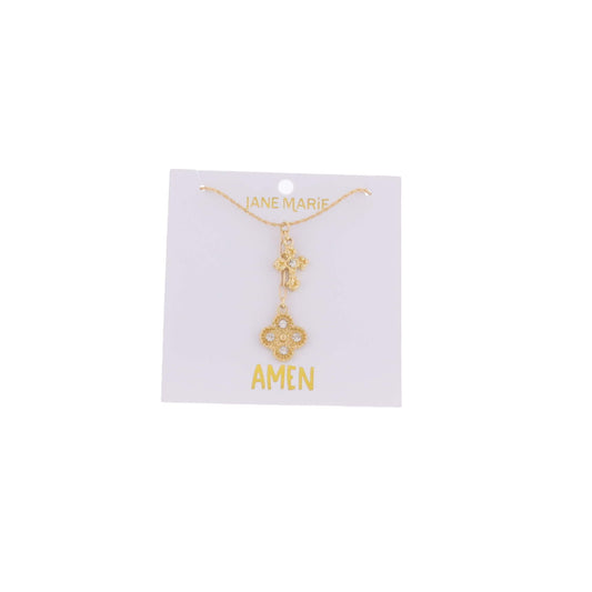 16" Gold Twist Chain Necklace with Clear Crystal Cross & Quatrefoil