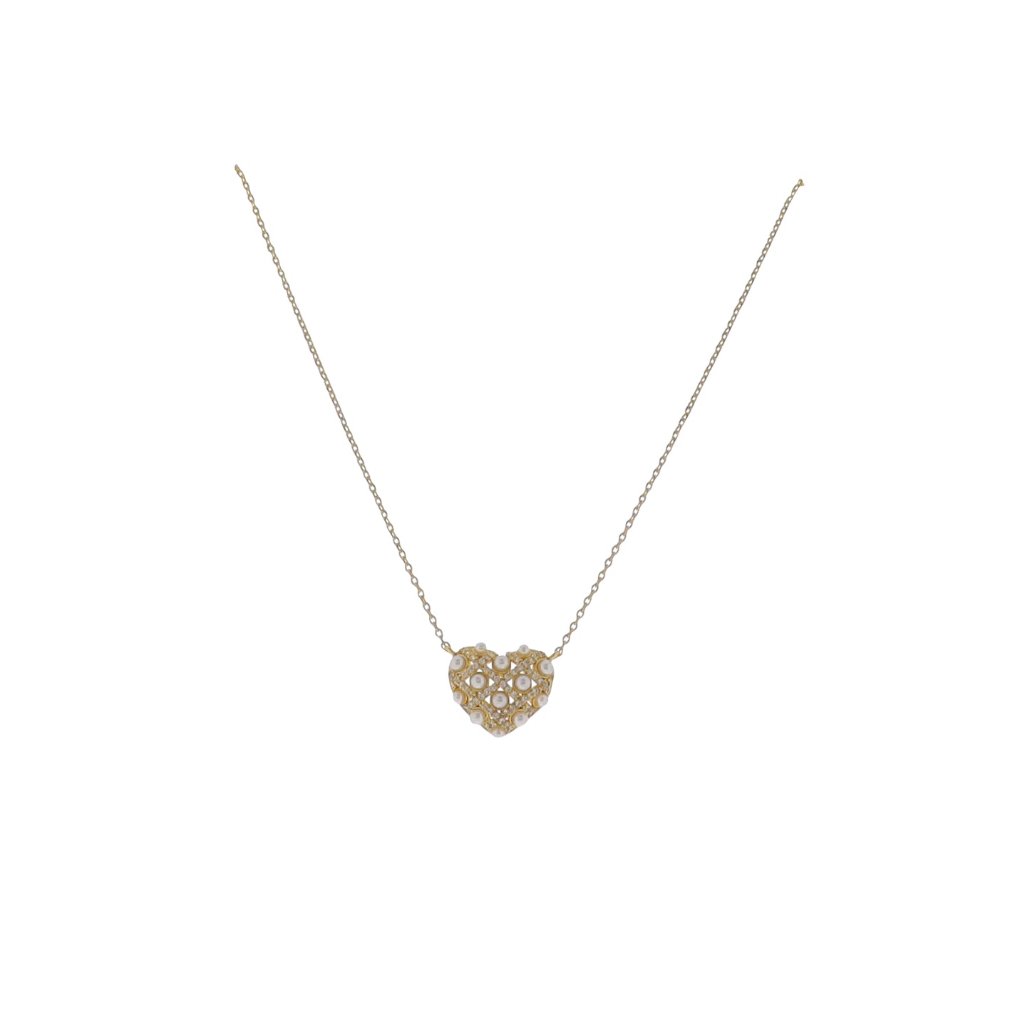 15" 18K Gold Plated Gold Cable Chain Necklace with Pearl & Clear Crystal Heart Pendant