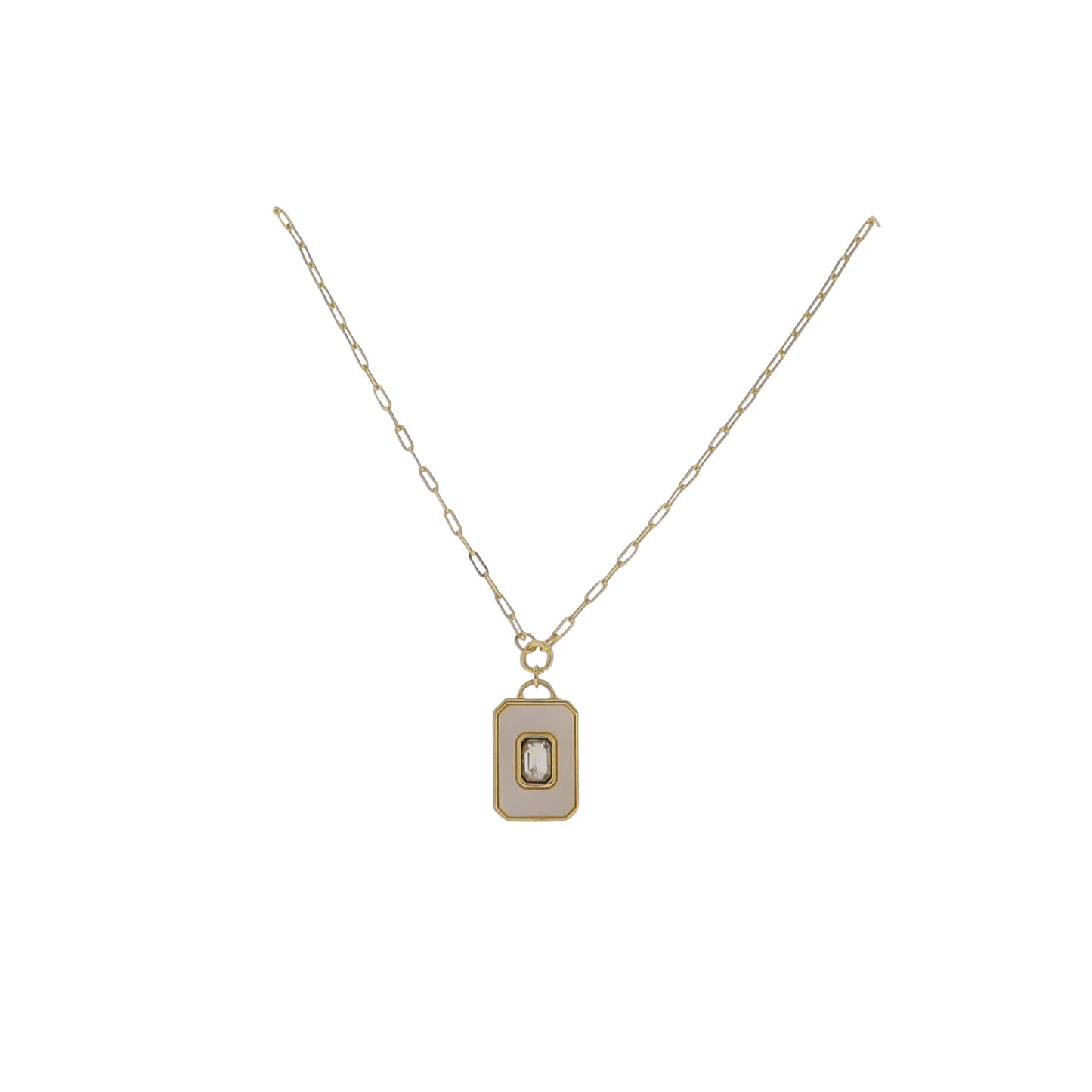 15" 18K Gold Plated Gold Paperclip Chain Necklace with White Shell Rectangle with Crystal Pendant