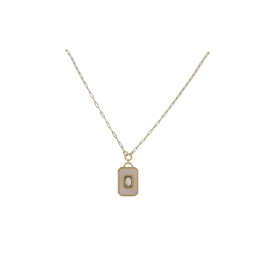 15" 18K Gold Plated Gold Paperclip Chain Necklace with White Shell Rectangle with Crystal Pendant