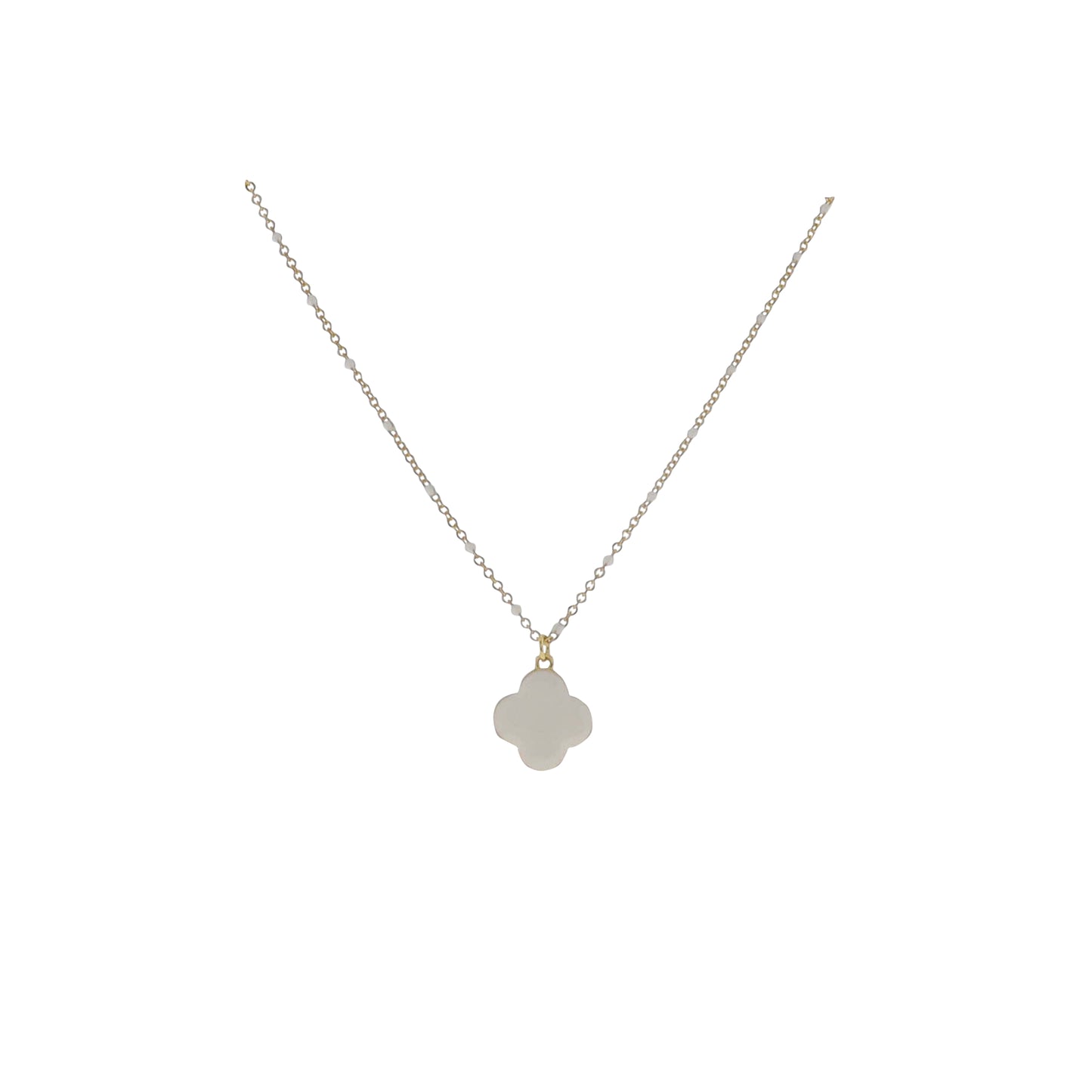 15" 18K Gold Plated Gold & White Cable Chain Necklace with White Enamel Quatrefoil Pendant