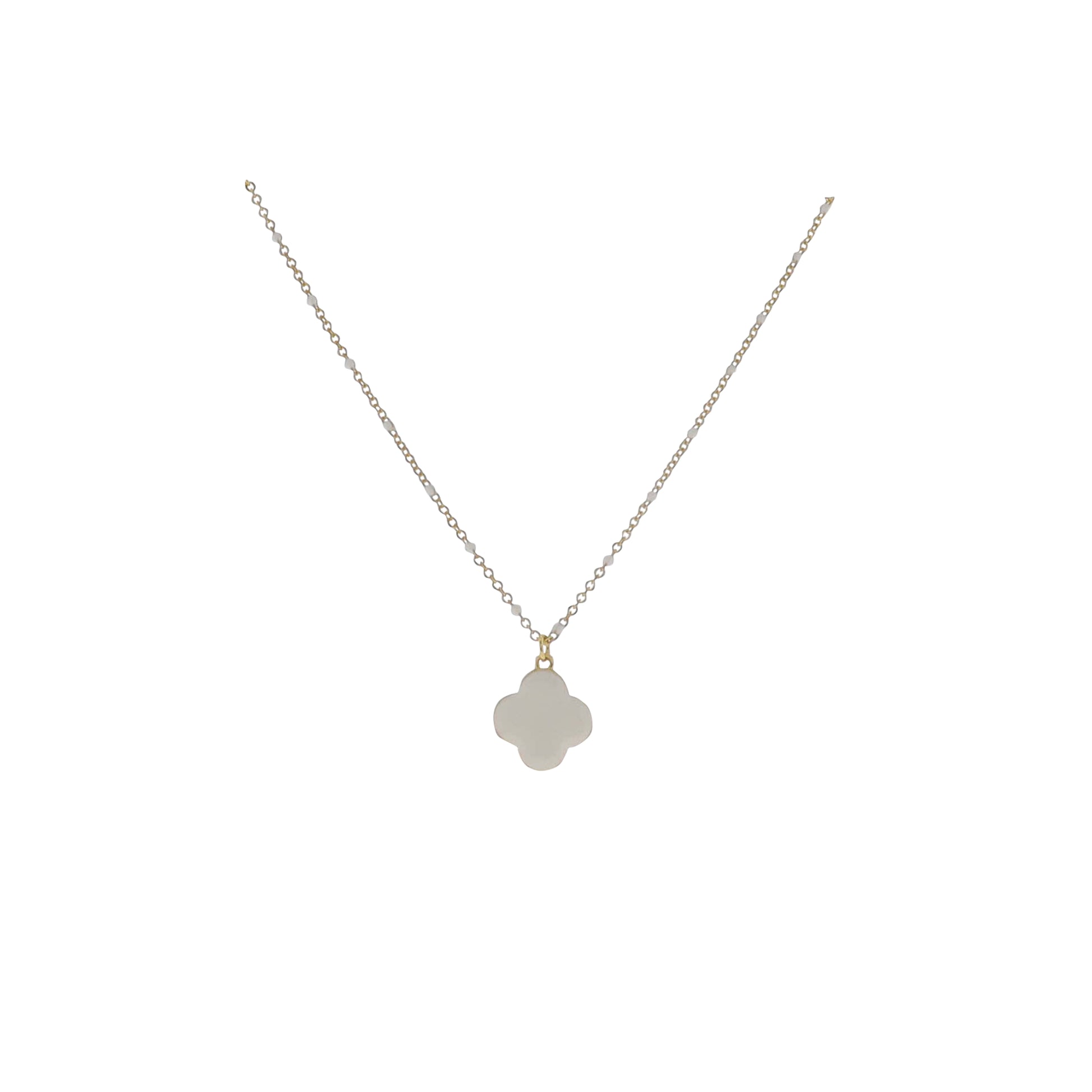 15" 18K Gold Plated Gold & White Cable Chain Necklace with White Enamel Quatrefoil Pendant