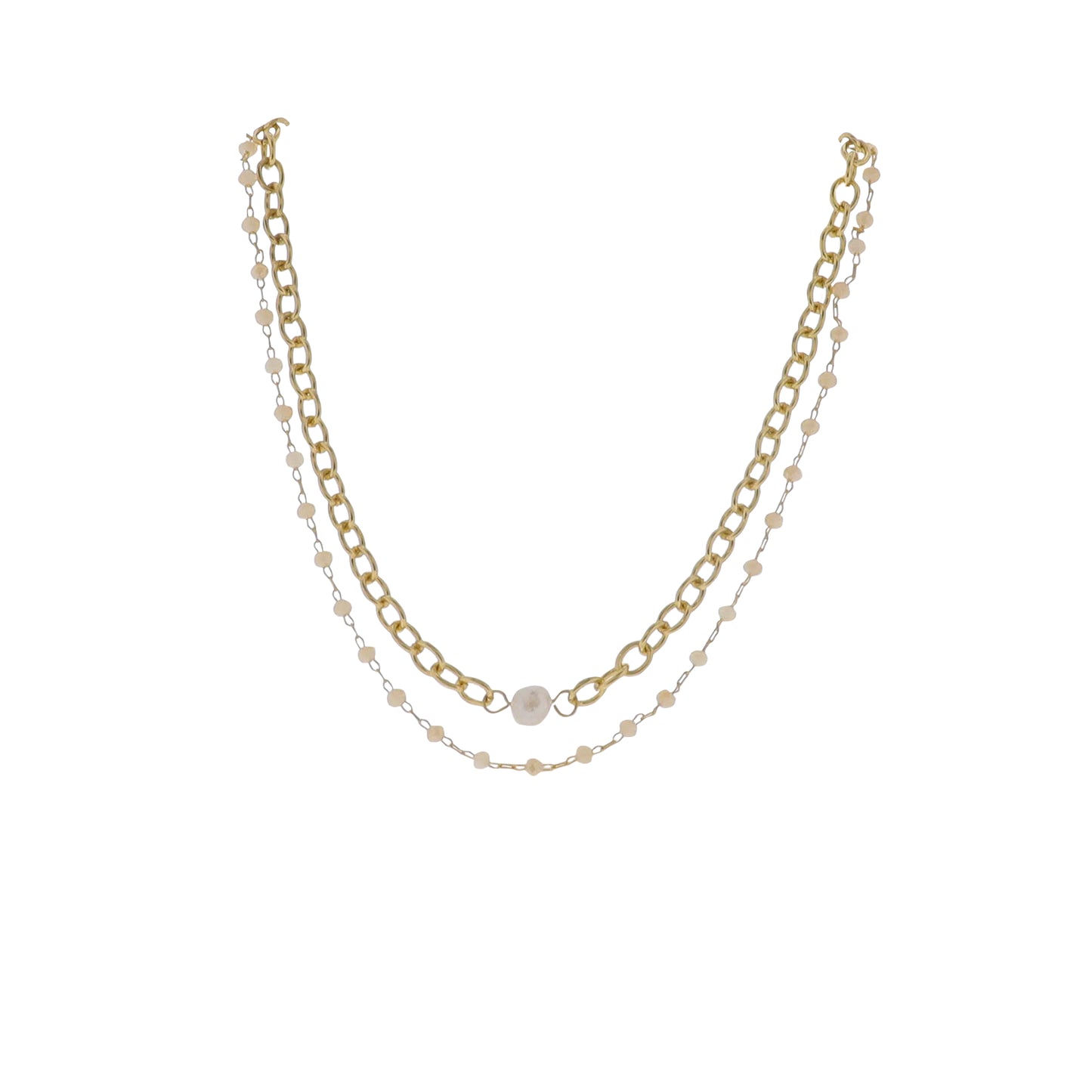 14", 15" 18K Gold Plated Gold & Champagne Oval Beaded & Chain 2 Layer Necklace with Pearl Pendant