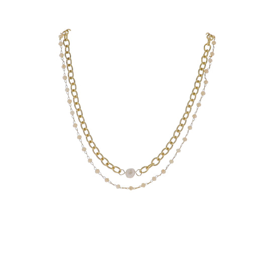 14", 15" 18K Gold Plated Gold & Champagne Oval Beaded & Chain 2 Layer Necklace with Pearl Pendant