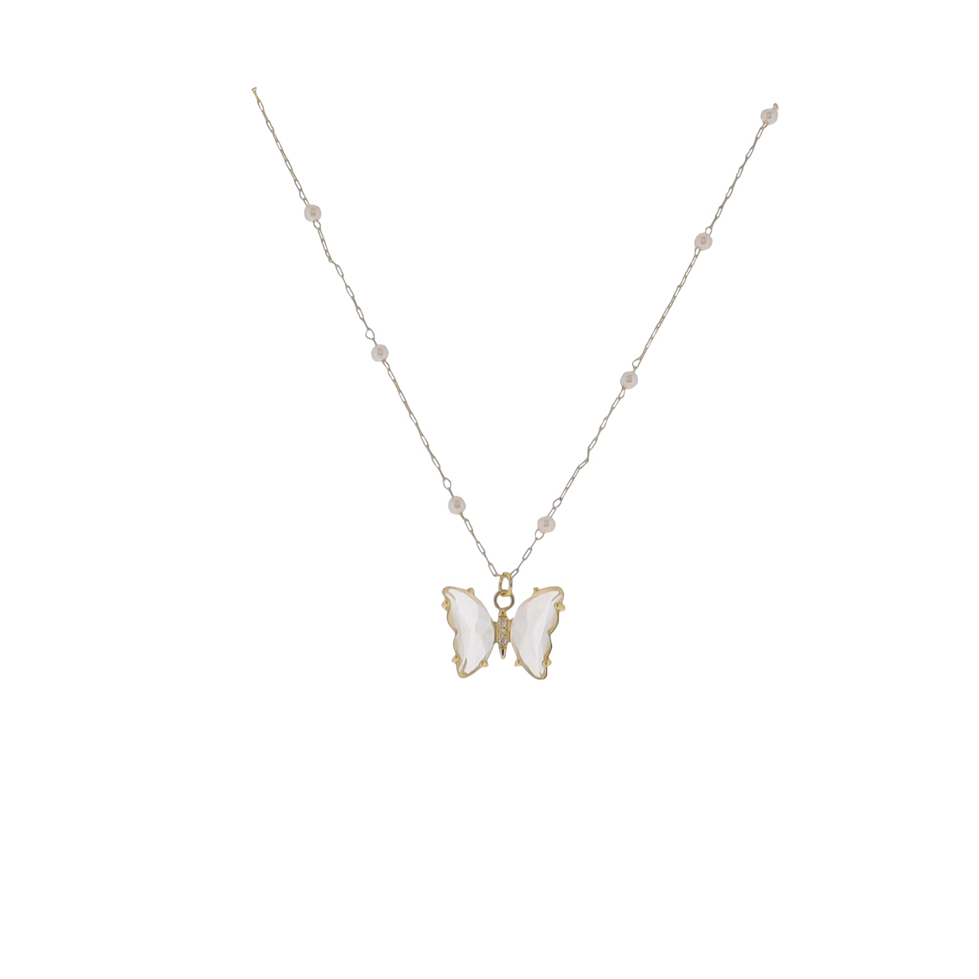 15" 18K Gold Plated Gold & Pearl Paperclip Chain Necklace with Clear Crystal Butterfly Pendant