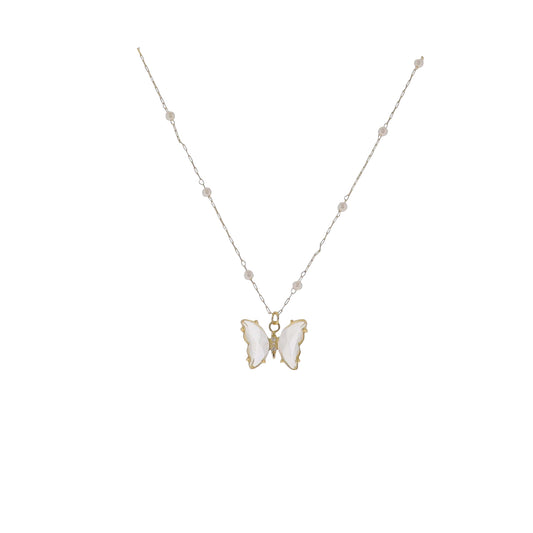 15" 18K Gold Plated Gold & Pearl Paperclip Chain Necklace with Clear Crystal Butterfly Pendant