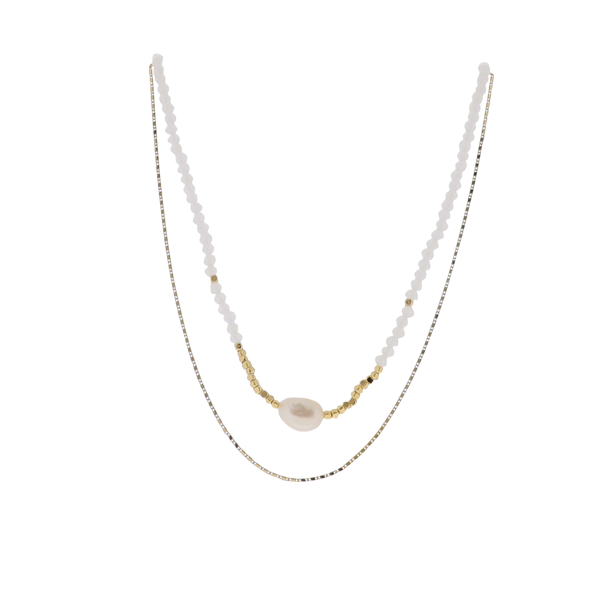 13", 15" 18K Gold Plated White & Gold Flat Beaded & Chain 2 Layer Necklace with Pearl Pendant