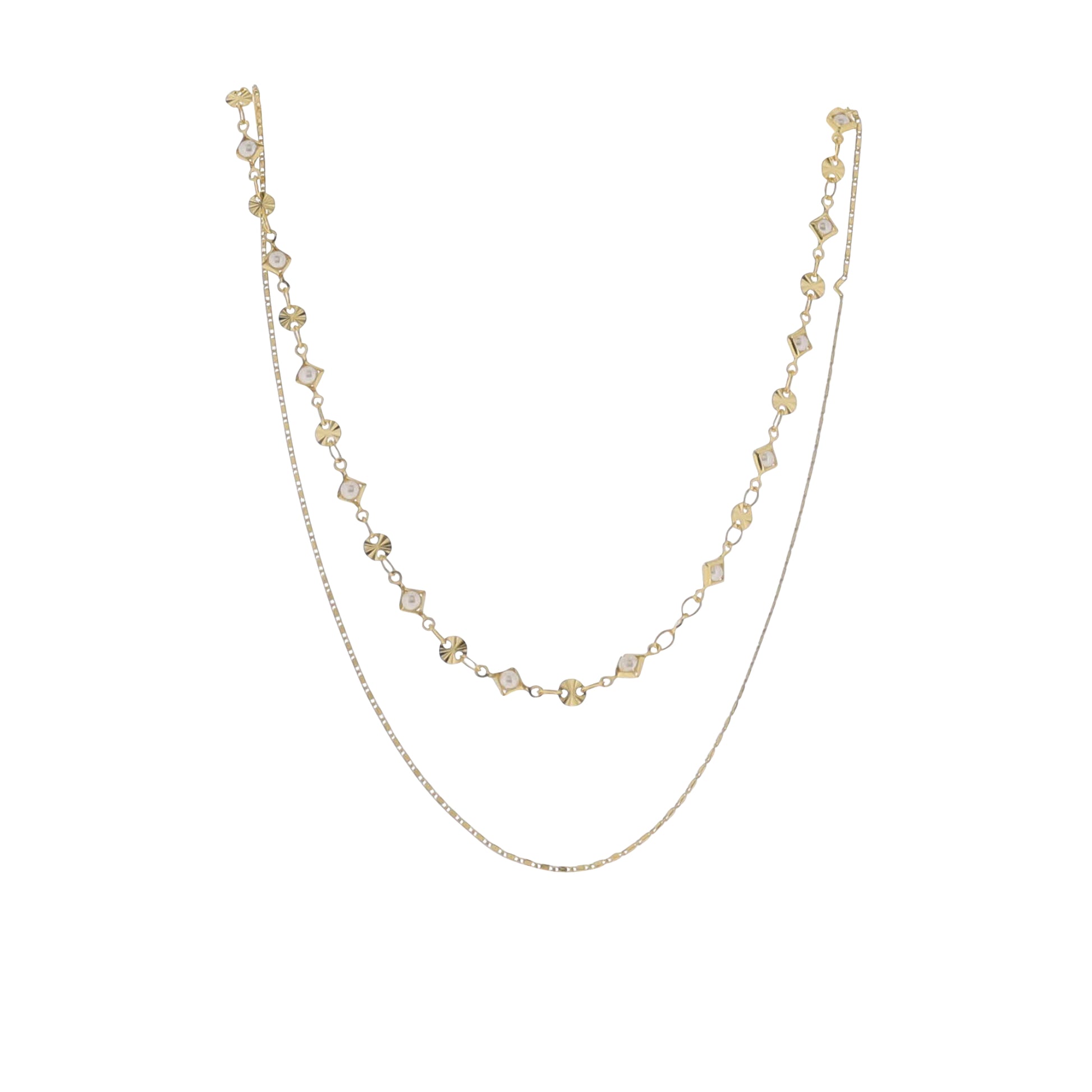 12", 15" 18K Gold Plated Gold Twisted Star, Flat Chain 2 Layer Necklace with Pearl Accents Pendant