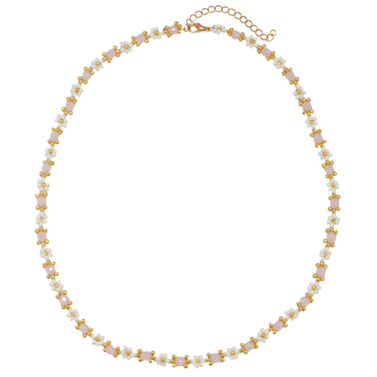 15" Light Pink Flower Beaded Necklace with Light Pink Faceted Accents