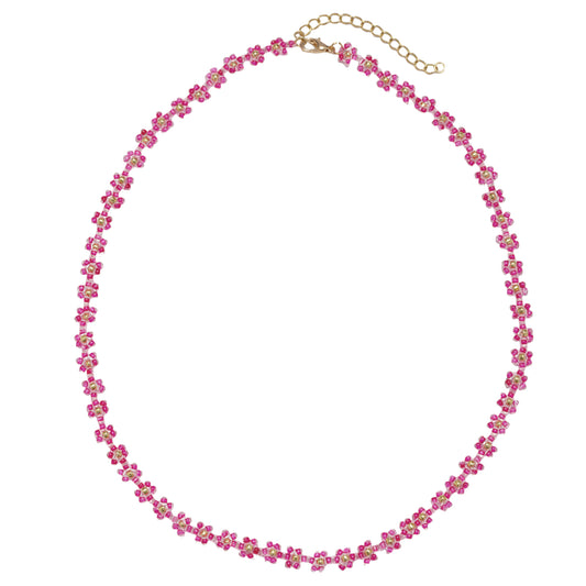 15" Hot Pink Flower Beaded Necklace