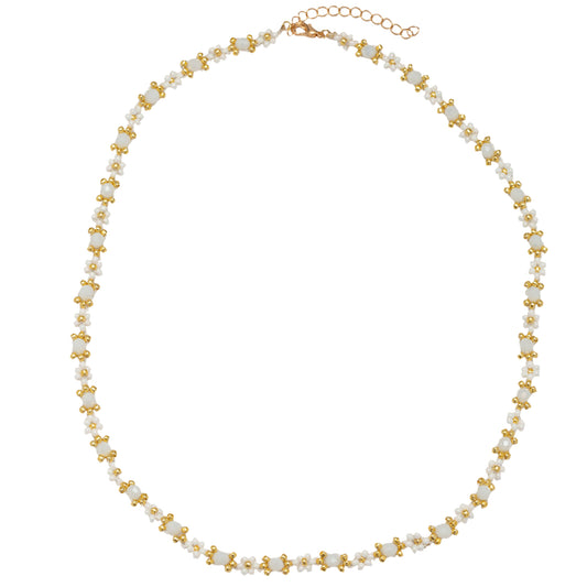 15" White Flower Beaded Necklace with Pink Faceted Accents