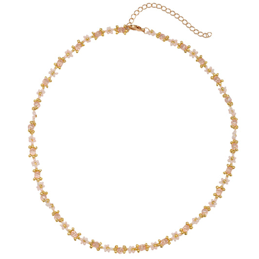 15" White Flower Beaded Necklace with White Faceted Accents