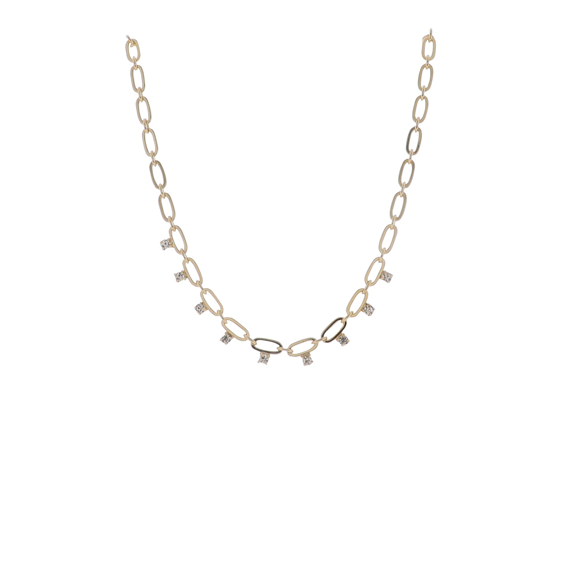 14" Gold Oval Chain Necklace with Clear Crystal Accents