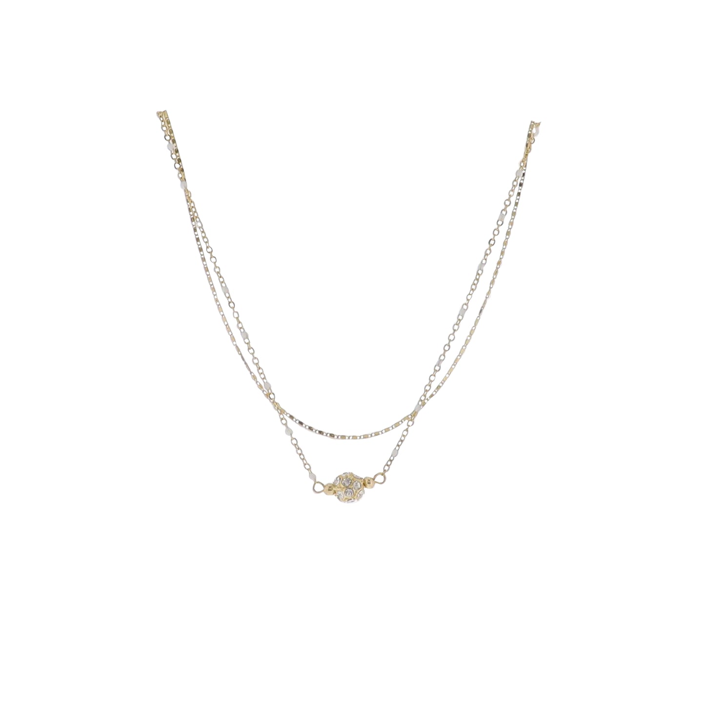 Gold & White Flat rectangle Chain 2 Layer Necklace with Clear Crystal Ball