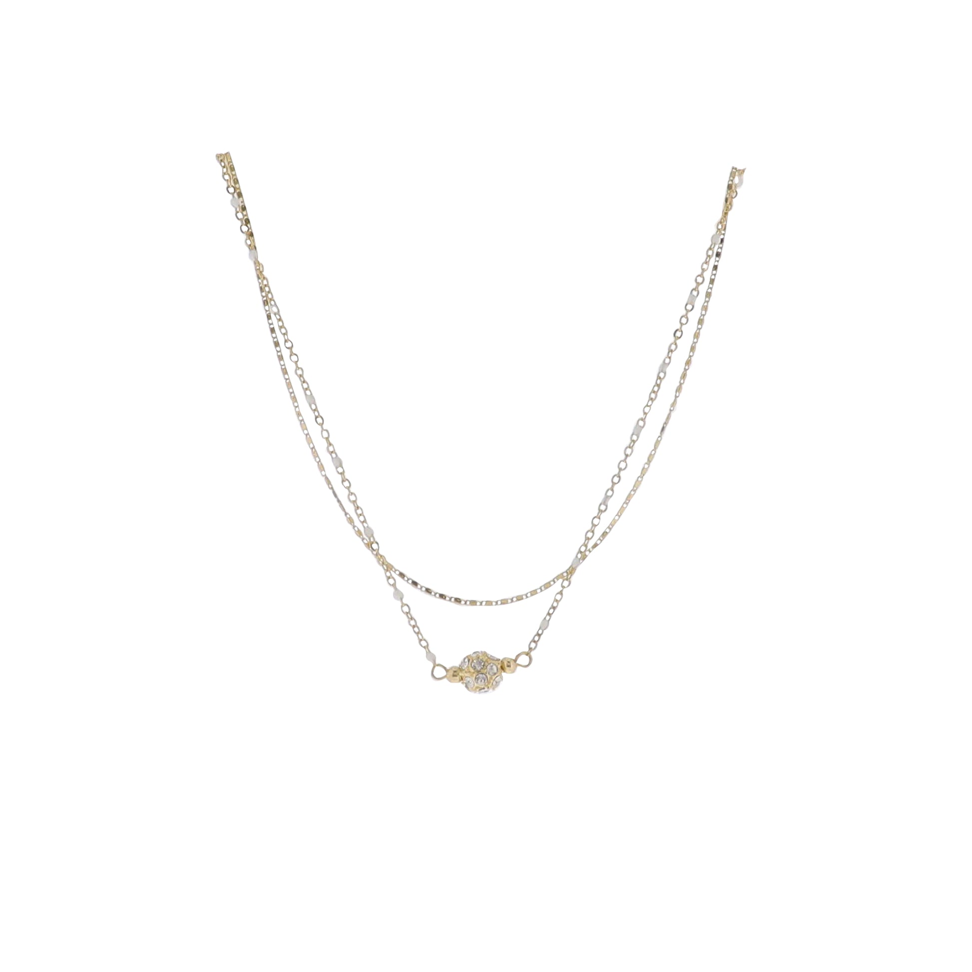 Gold & White Flat rectangle Chain 2 Layer Necklace with Clear Crystal Ball