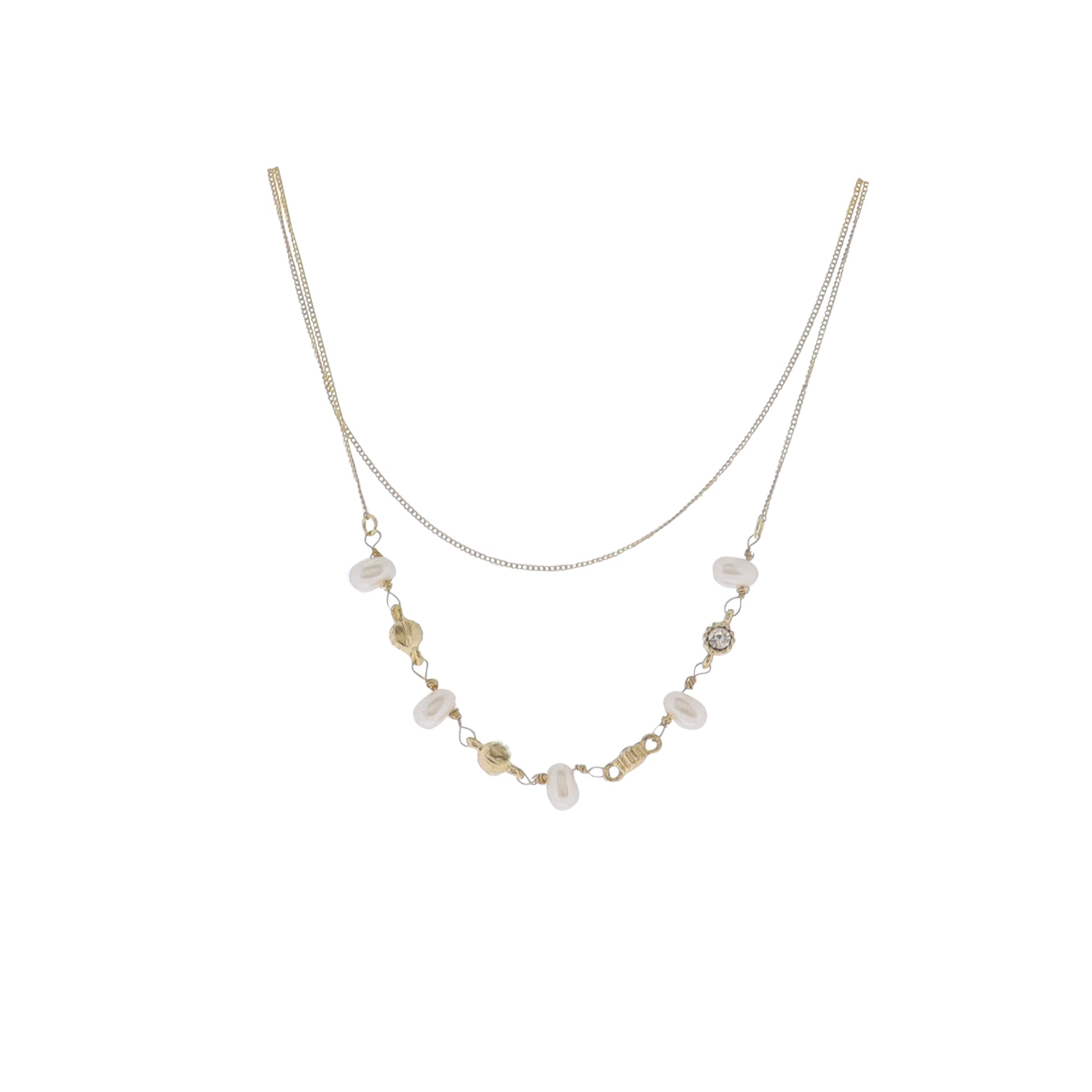 Gold Cable Chain 2 Layer Necklace with Clear Crystal Encased Circles with Pearl Accents