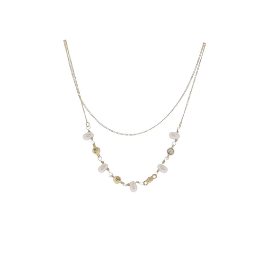 Gold Cable Chain 2 Layer Necklace with Clear Crystal Encased Circles with Pearl Accents