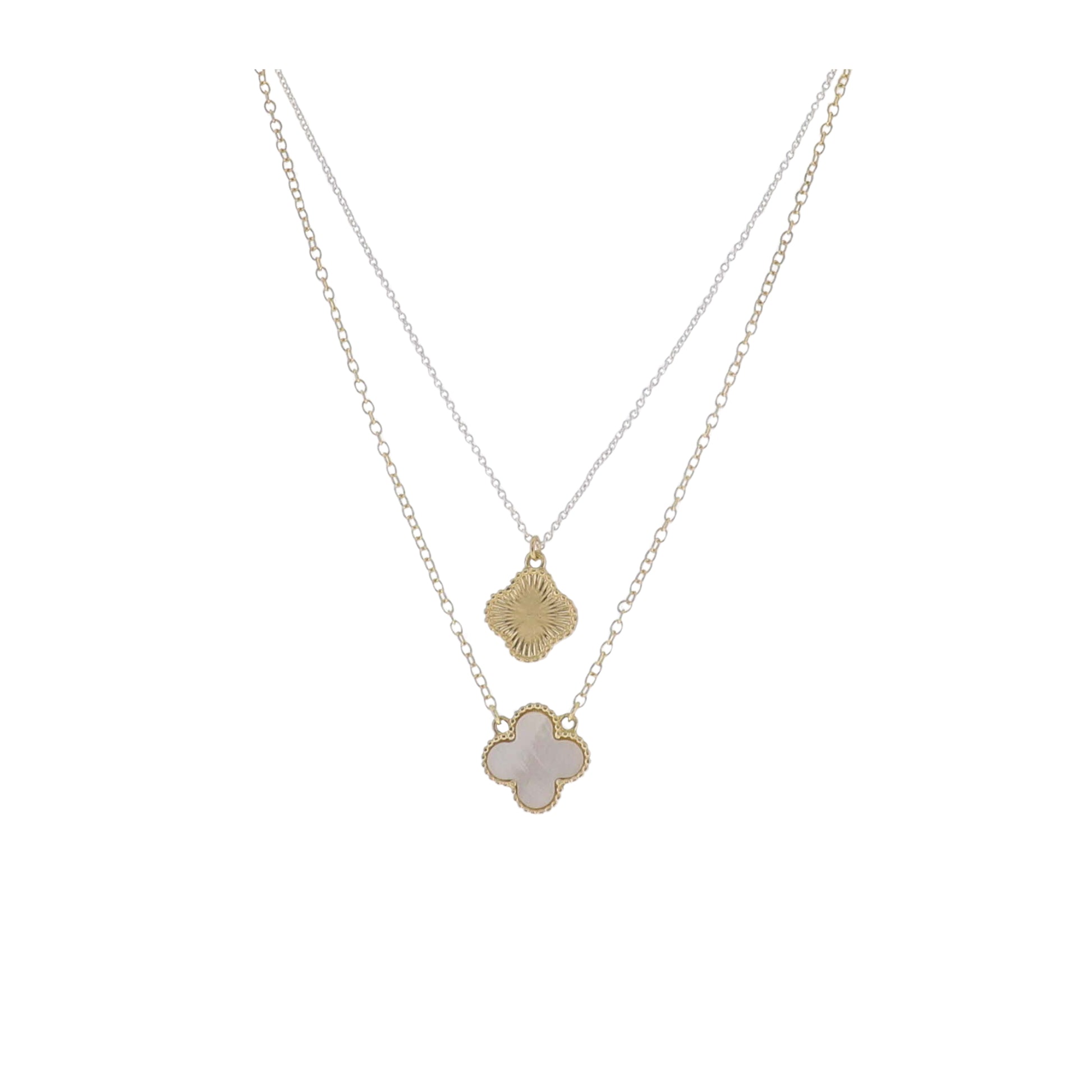 Gold & Silver Cable Chain 2 Layer Necklace with Gold & White Quatrefoils