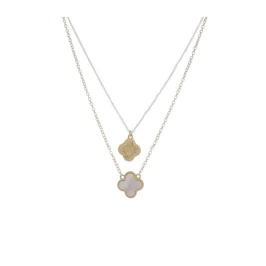 Gold & Silver Cable Chain 2 Layer Necklace with Gold & White Quatrefoils