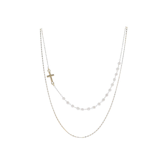 Gold Flat rectangle Chain 2 Layer Necklace with White Pearls & Cross Accent in Chain