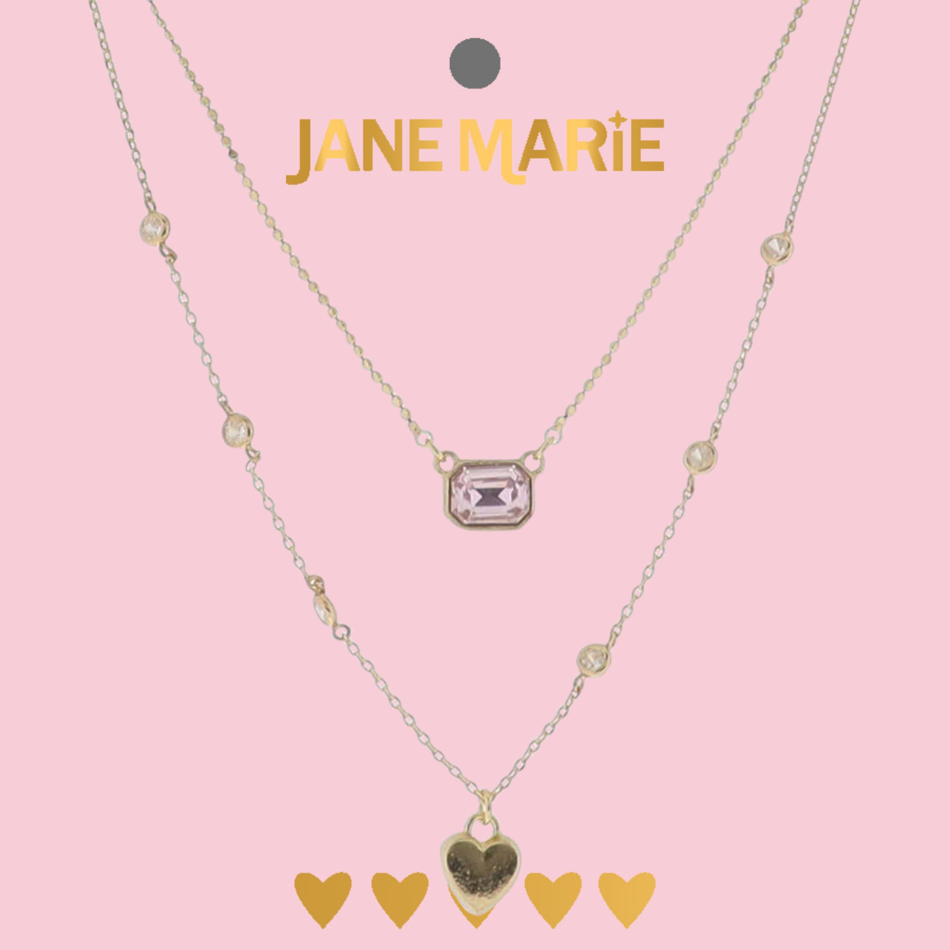 13", 15" Gold Cable, Flat Circle Chain 2 Layer Necklace with Pink Crystal Rectangle & Gold Heart
