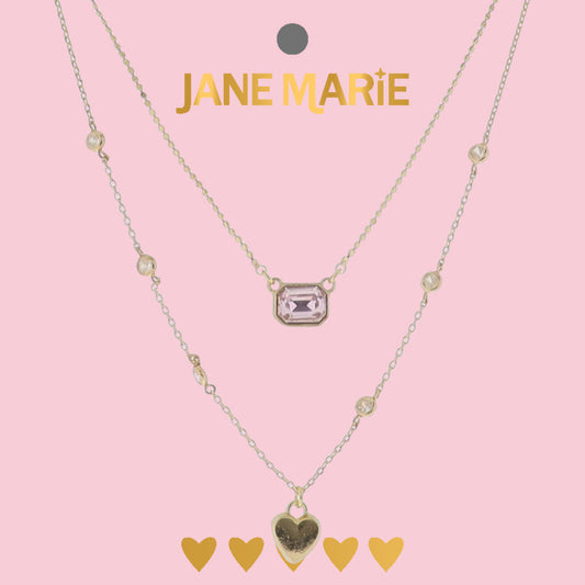 13", 15" Gold Cable, Flat Circle Chain 2 Layer Necklace with Pink Crystal Rectangle & Gold Heart