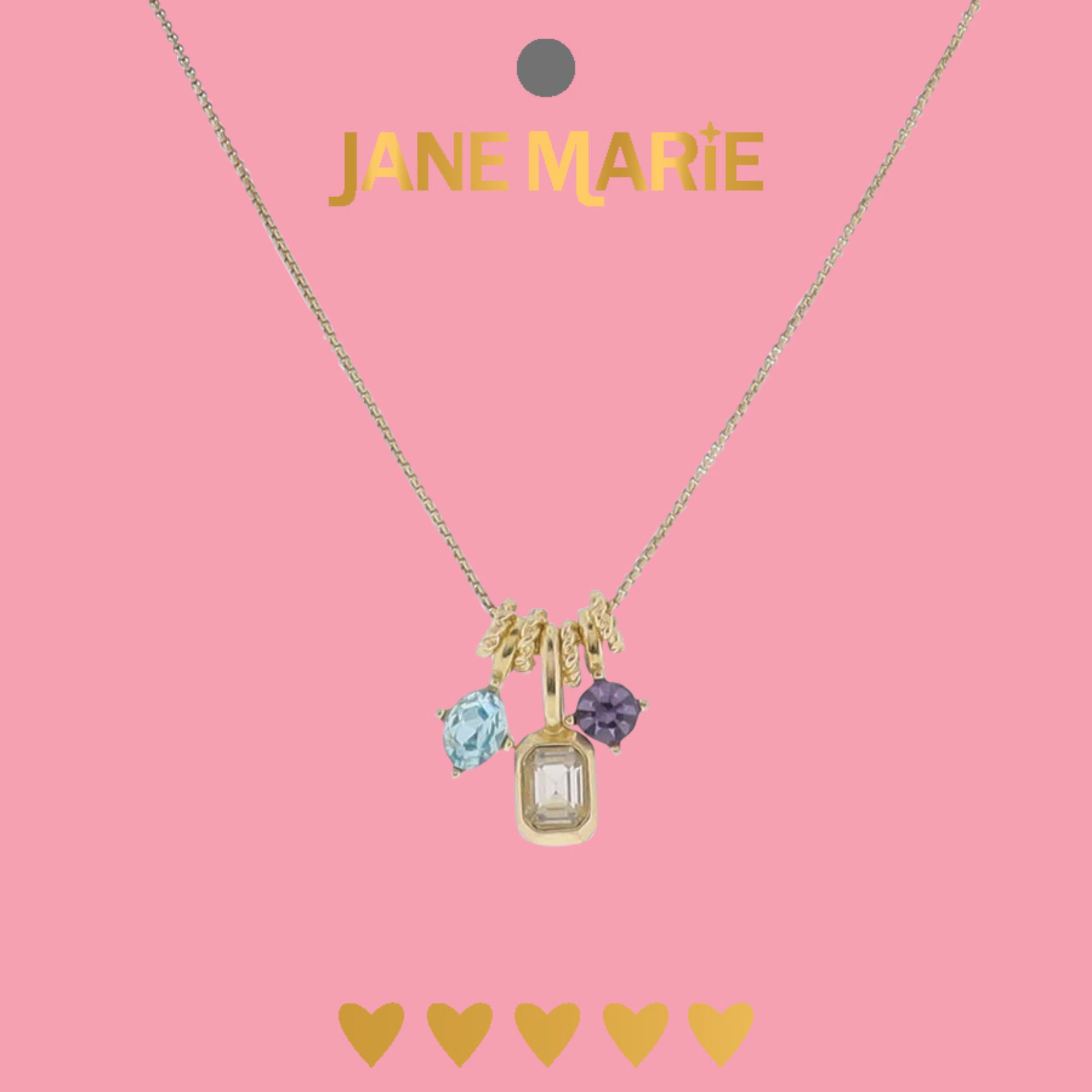 15" Gold Rounded Box Chain Necklace with Blue, Clear, Lavender Crystal Charm Cluster