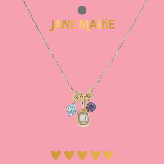 15" Gold Rounded Box Chain Necklace with Blue, Clear, Lavender Crystal Charm Cluster