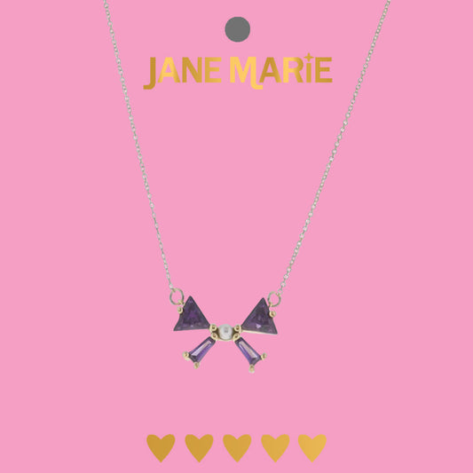 15" Gold Cable Chain Necklace with Purple Crystal Bow with Pearl Center