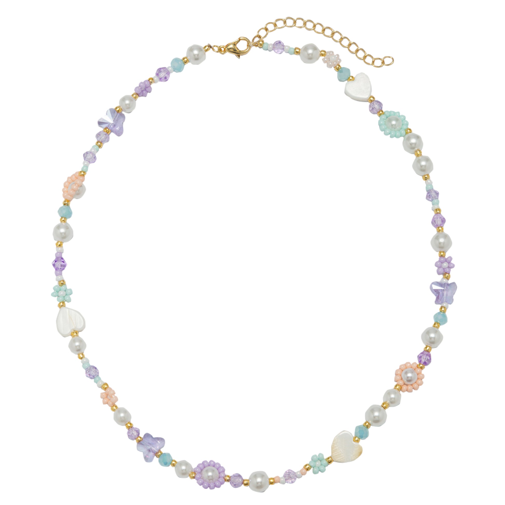 Kids 14" Peach, Light Blue, Lavender Flower, Heart, Pearl Beaded Necklace with Faceted Accents