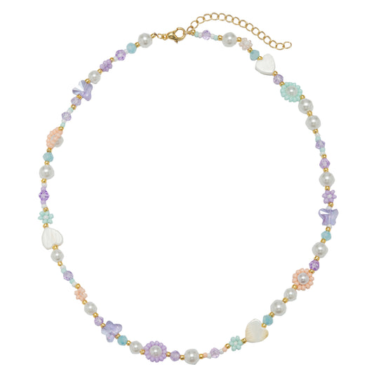 Kids 14" Peach, Light Blue, Lavender Flower, Heart, Pearl Beaded Necklace with Faceted Accents