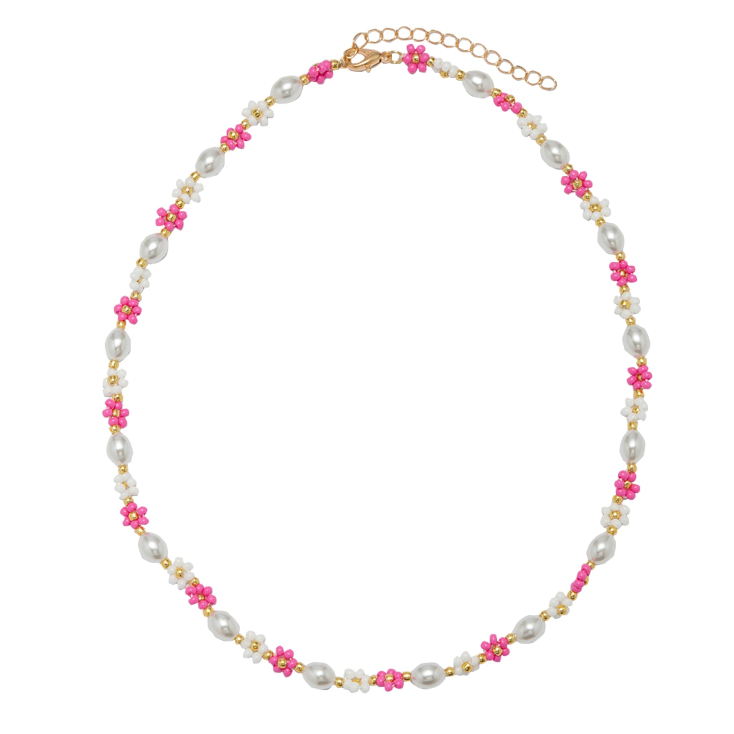 Kids 14" Pink, White Flower & Pearl Beaded Necklace