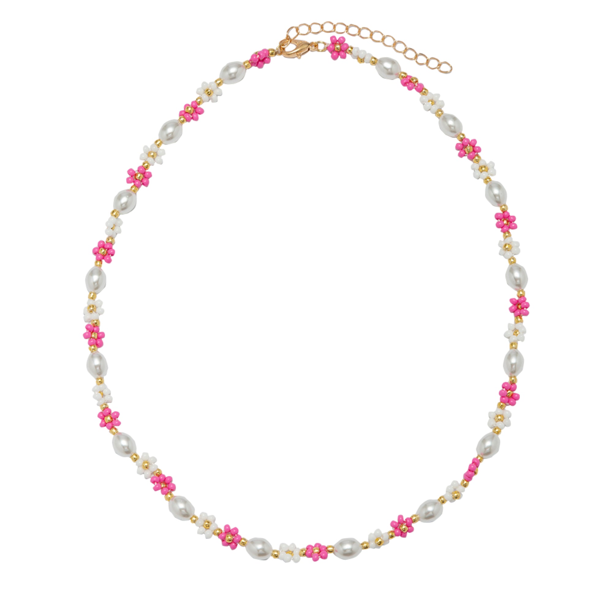 Kids 14" Pink, White Flower & Pearl Beaded Necklace