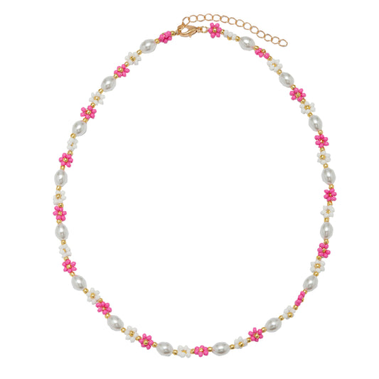 Kids 14" Pink, White Flower & Pearl Beaded Necklace