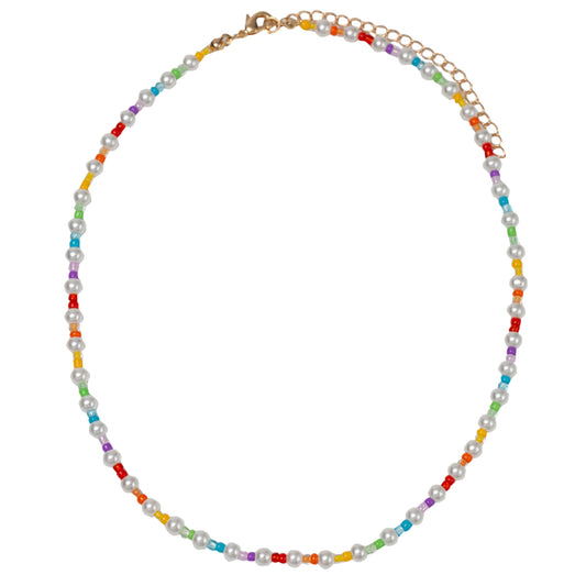 Kids 14" Multi Seed Bead Beaded Necklace with White Pearls