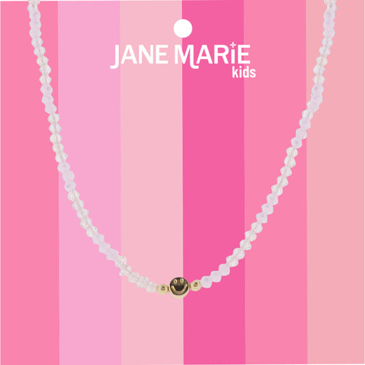Kids 14" Pink Faceted Beaded Necklace with Gold Happy Face