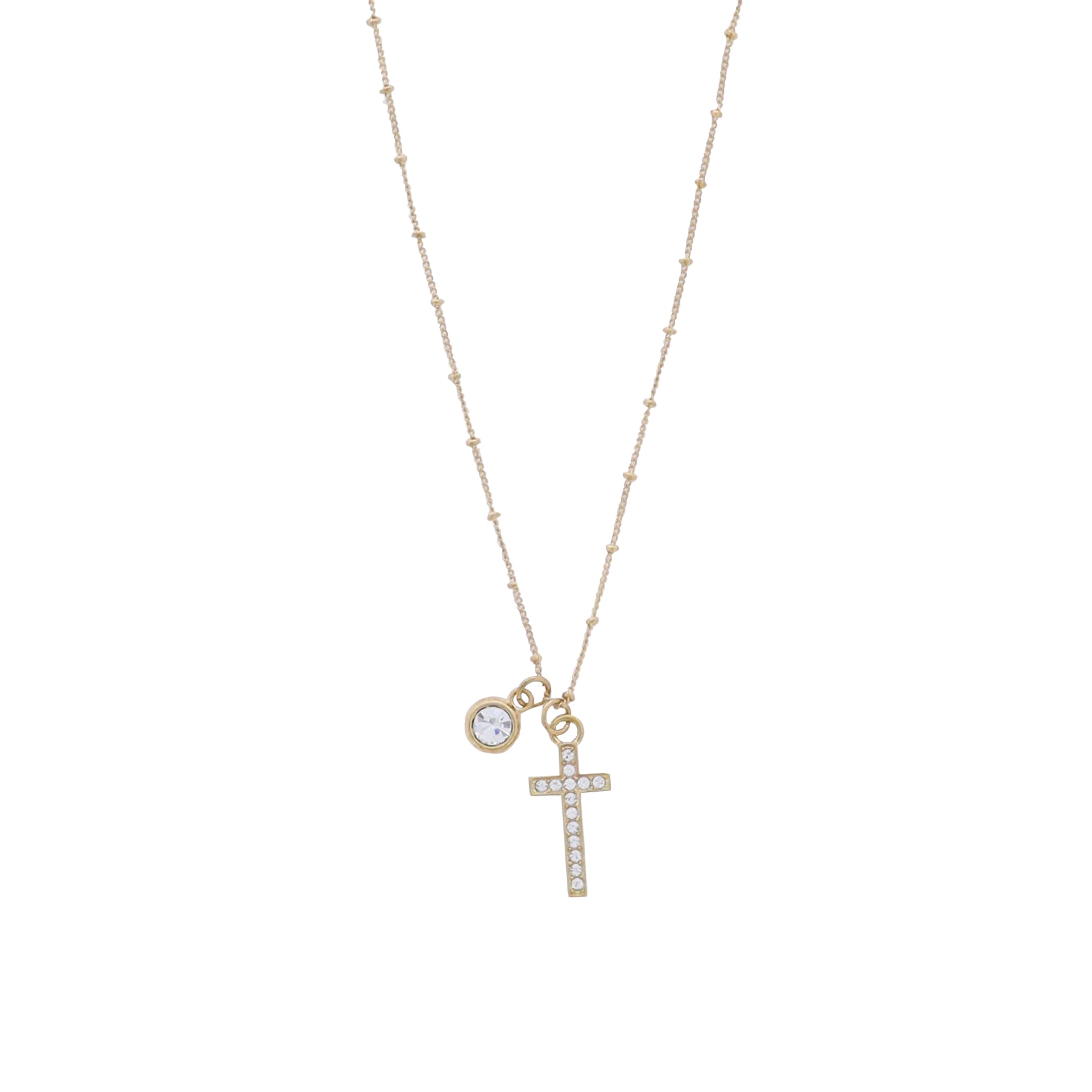Gold Satellite Chain Necklace with Clear Crystal Cross & Circle
