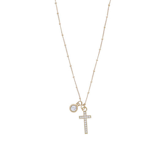 Gold Satellite Chain Necklace with Clear Crystal Cross & Circle