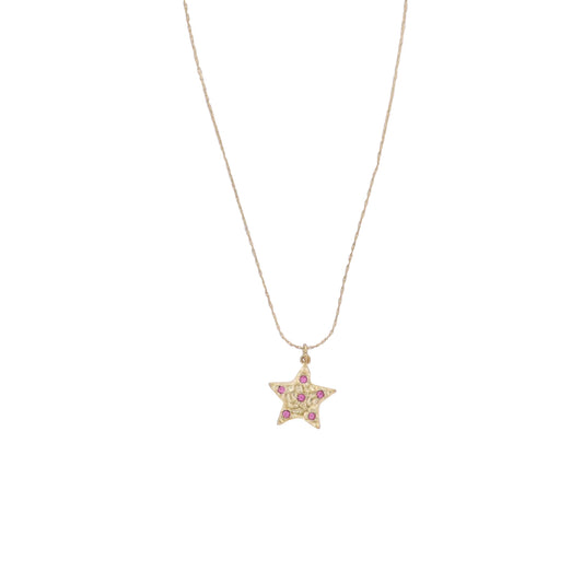 Gold Flat Wheat Chain Necklace with Pink Crystal Star