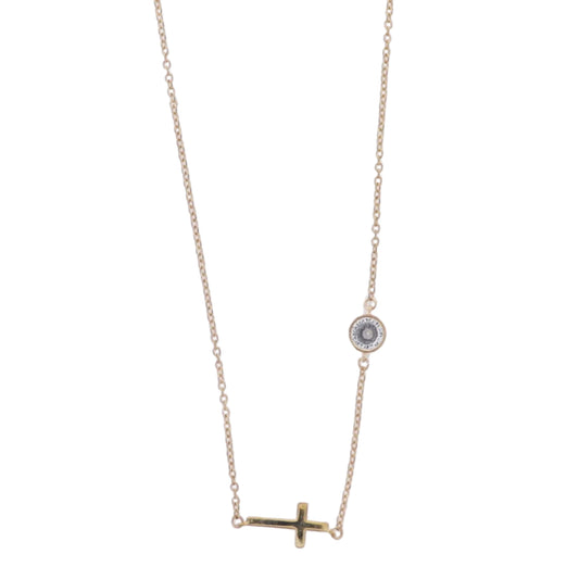 Gold Cable Chain Necklace with Clear Crystal in Chain & Sideways Cross