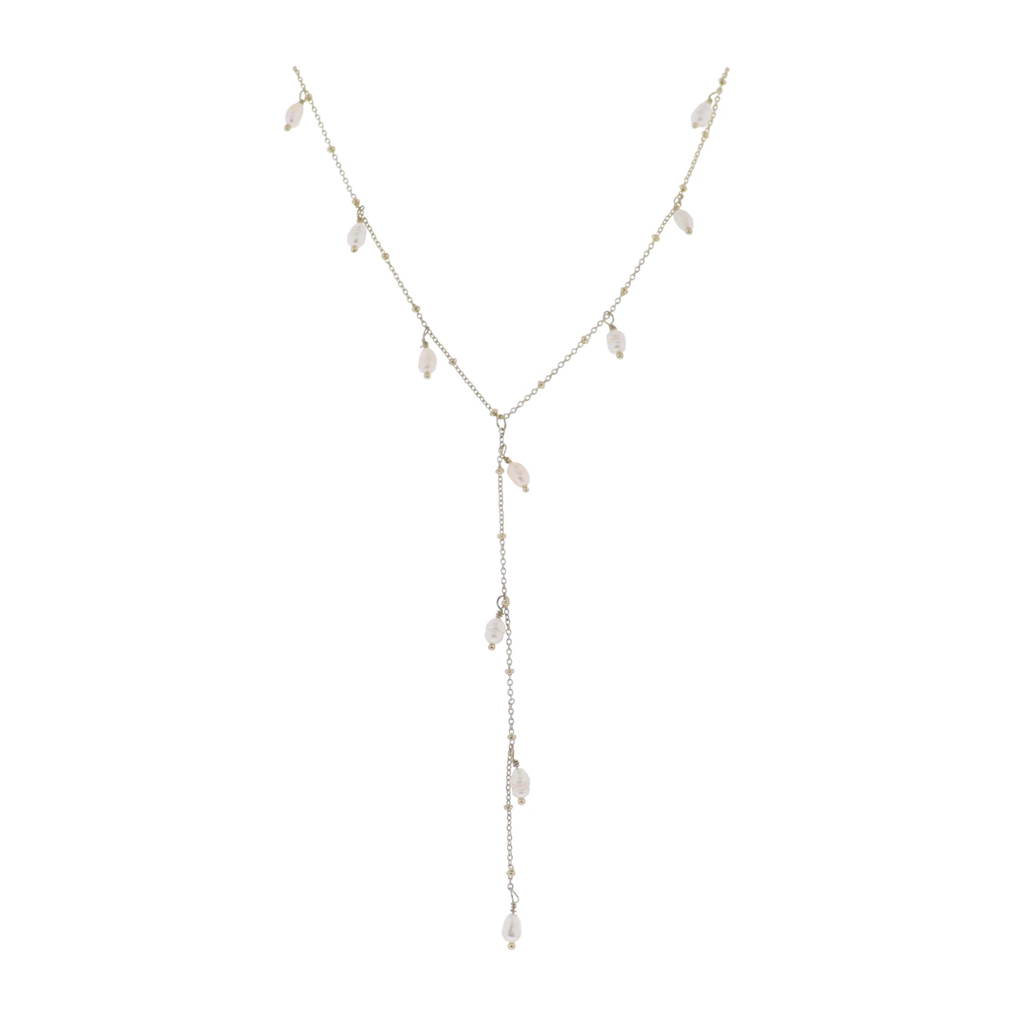Gold Satellite Chain Lariat with Pearls Necklace