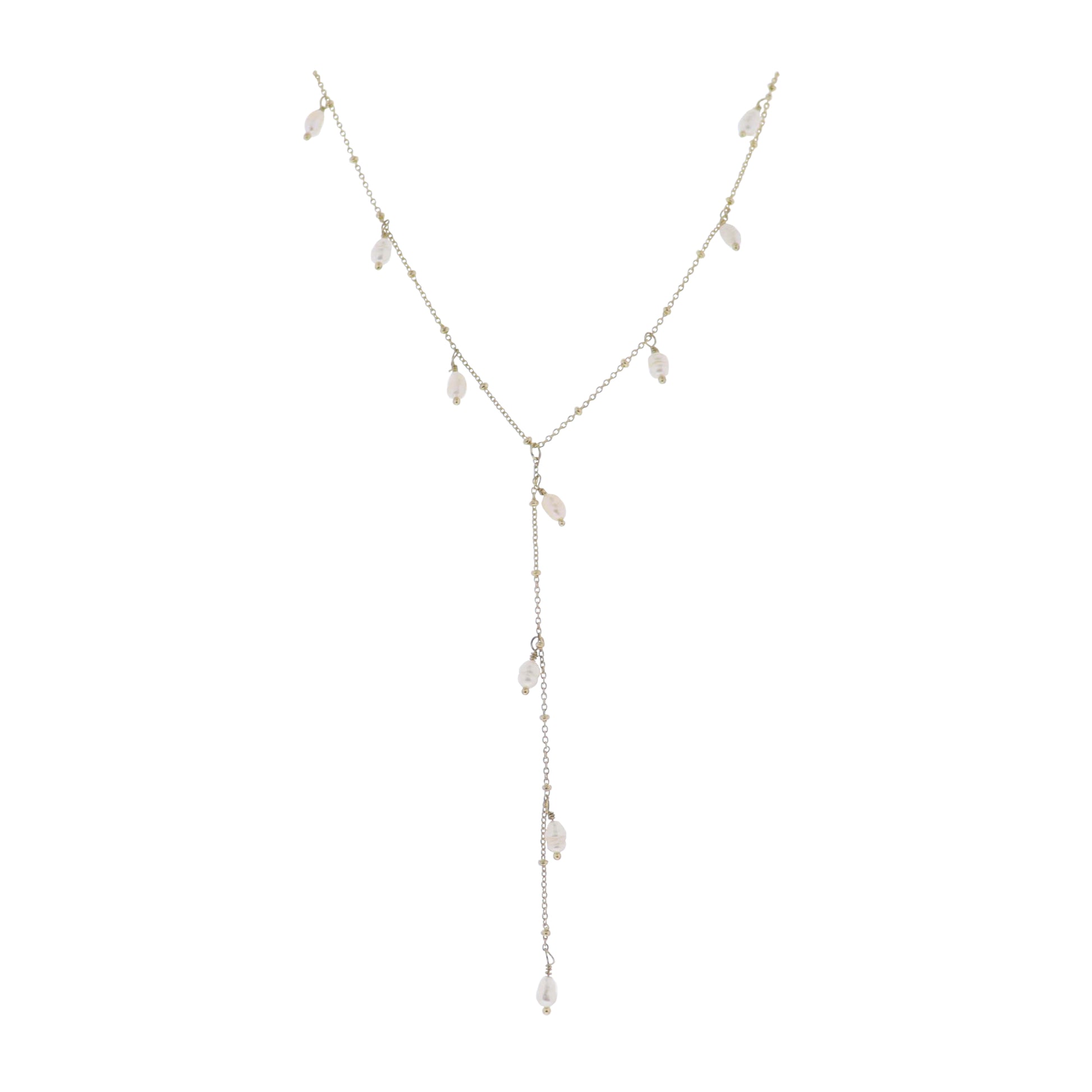 Gold Satellite Chain Lariat with Pearls Necklace