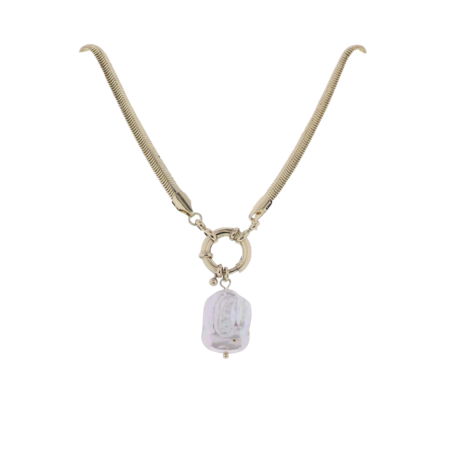 Gold Snake Chain Necklace with White Freshwater Pearl on Spring Clasp