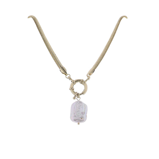 Gold Snake Chain Necklace with White Freshwater Pearl on Spring Clasp