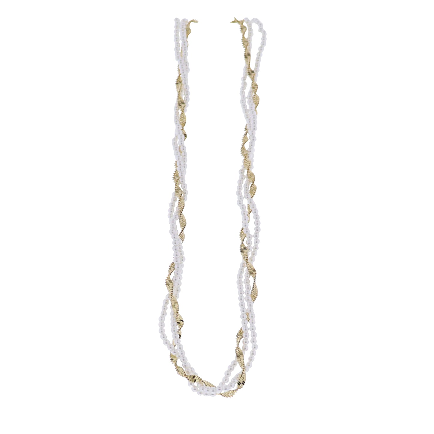 Gold Pear & Flat Singapore Chain Necklace with Entertwined Pearl Strands
