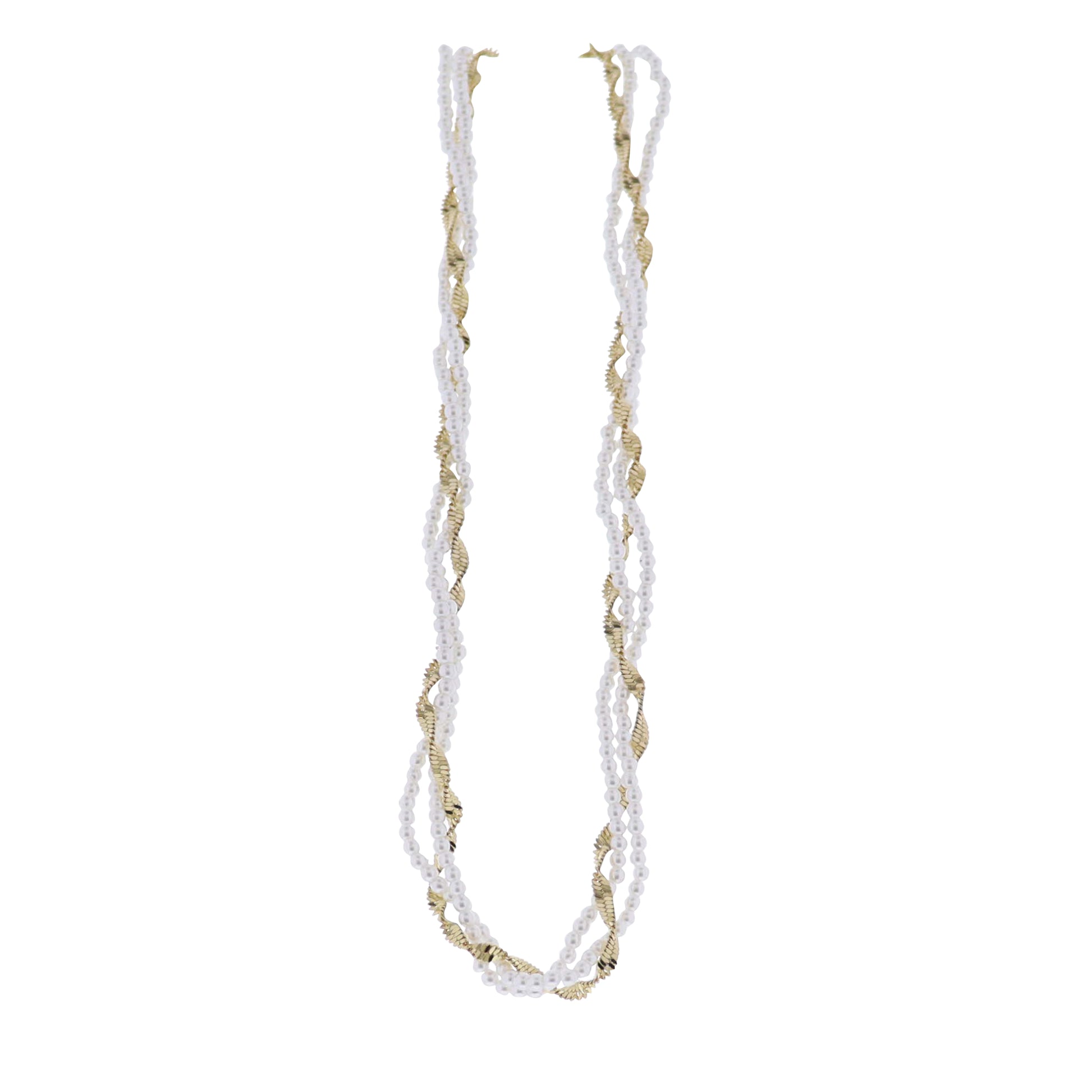 Gold Pear & Flat Singapore Chain Necklace with Entertwined Pearl Strands