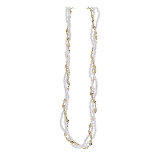 Gold Pear & Flat Singapore Chain Necklace with Entertwined Pearl Strands