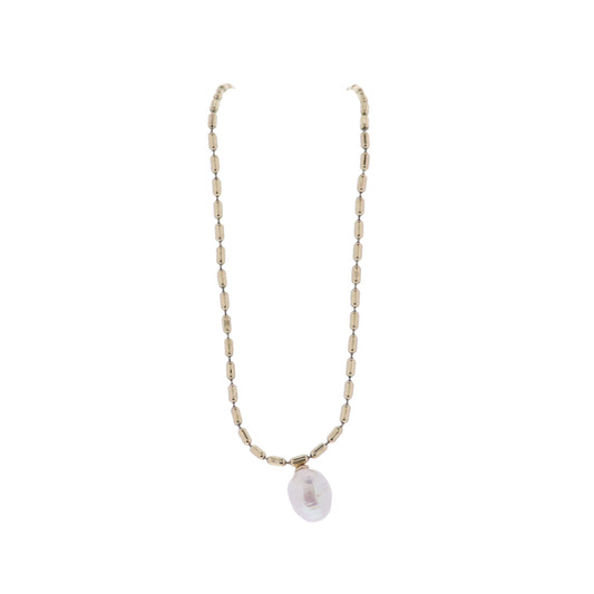 Gold Oval Bar Link Chain Necklace with White Pearl